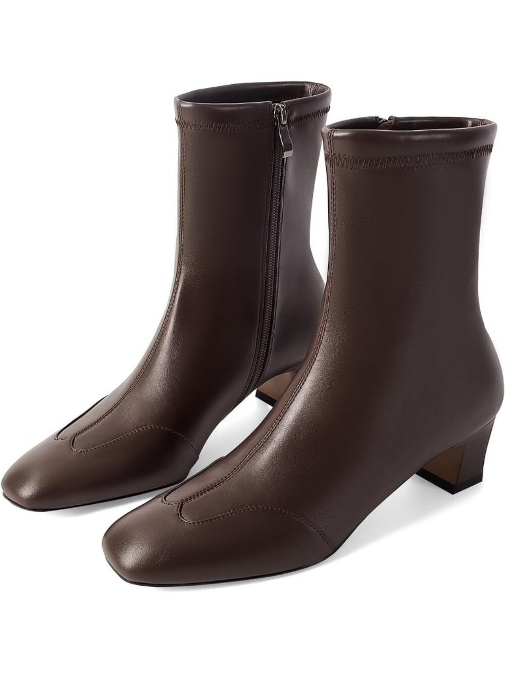 Women's Brown Faux Leather Square Toe Chunky Low Heel Booties with Side Zipper